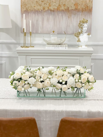 24-in Modern White Rose Peony Arrangement in Long Glass Vase